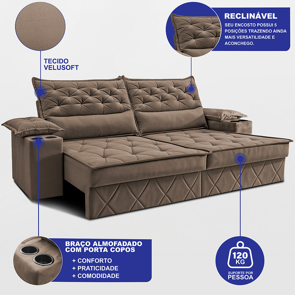 Sofá Retrátil e Reclinável com Porta Copos e Molas Cosmos Velusoft Cama inBox