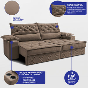Sofá Retrátil e Reclinável com Porta Copos e Molas Cosmos Velusoft Cama inBox