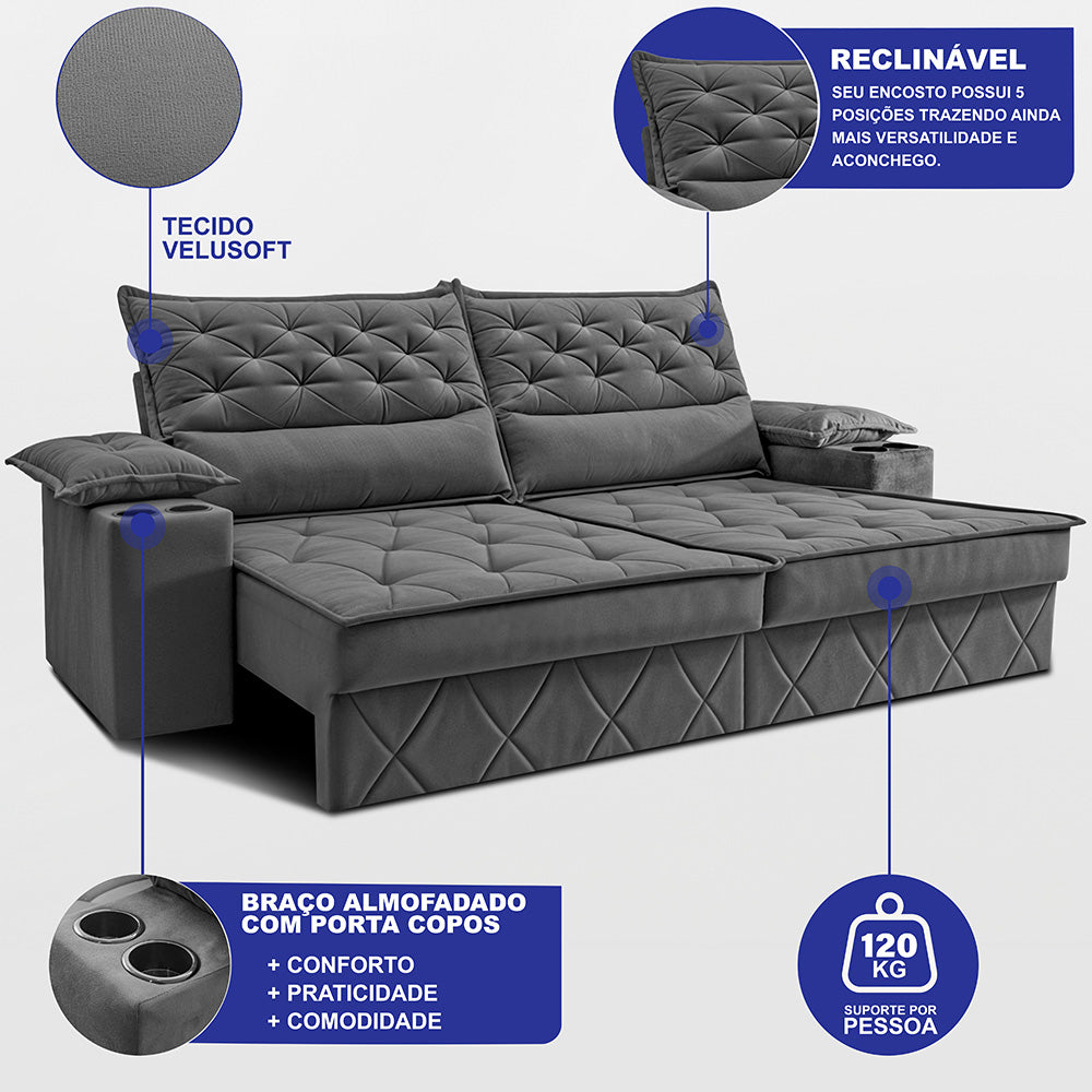 Sofá Retrátil e Reclinável com Porta Copos e Molas Cosmos Velusoft Cama inBox
