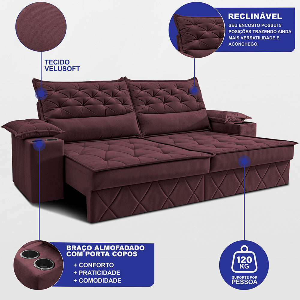 Sofá Retrátil e Reclinável com Porta Copos e Molas Cosmos Velusoft Cama inBox