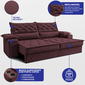 Sofá Retrátil e Reclinável com Porta Copos e Molas Cosmos Velusoft Cama inBox