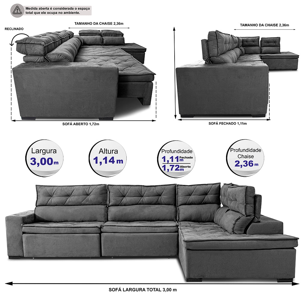 Sofá de Canto Direito Retrátil e Reclinável com Molas Cama inBox Platinum Suede