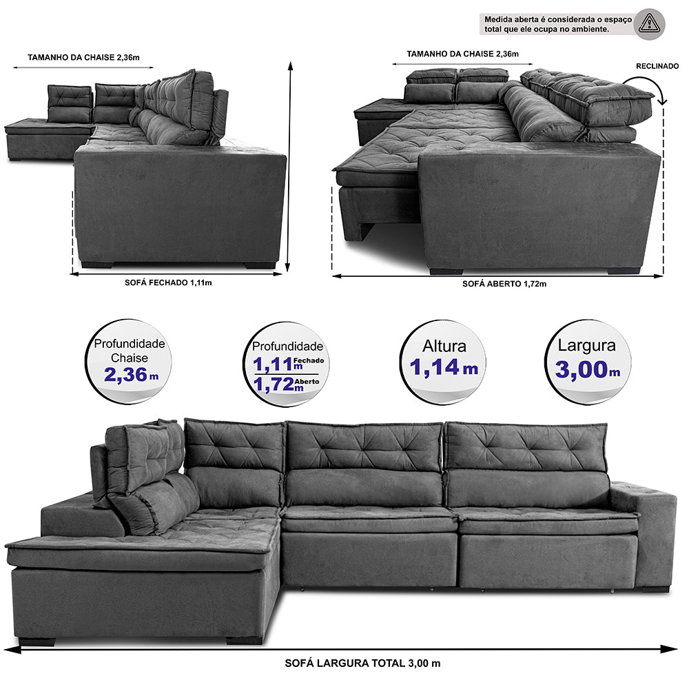 Sofá de Canto Esquerdo Retrátil e Reclinável com Molas Cama inBox Platinum Suede