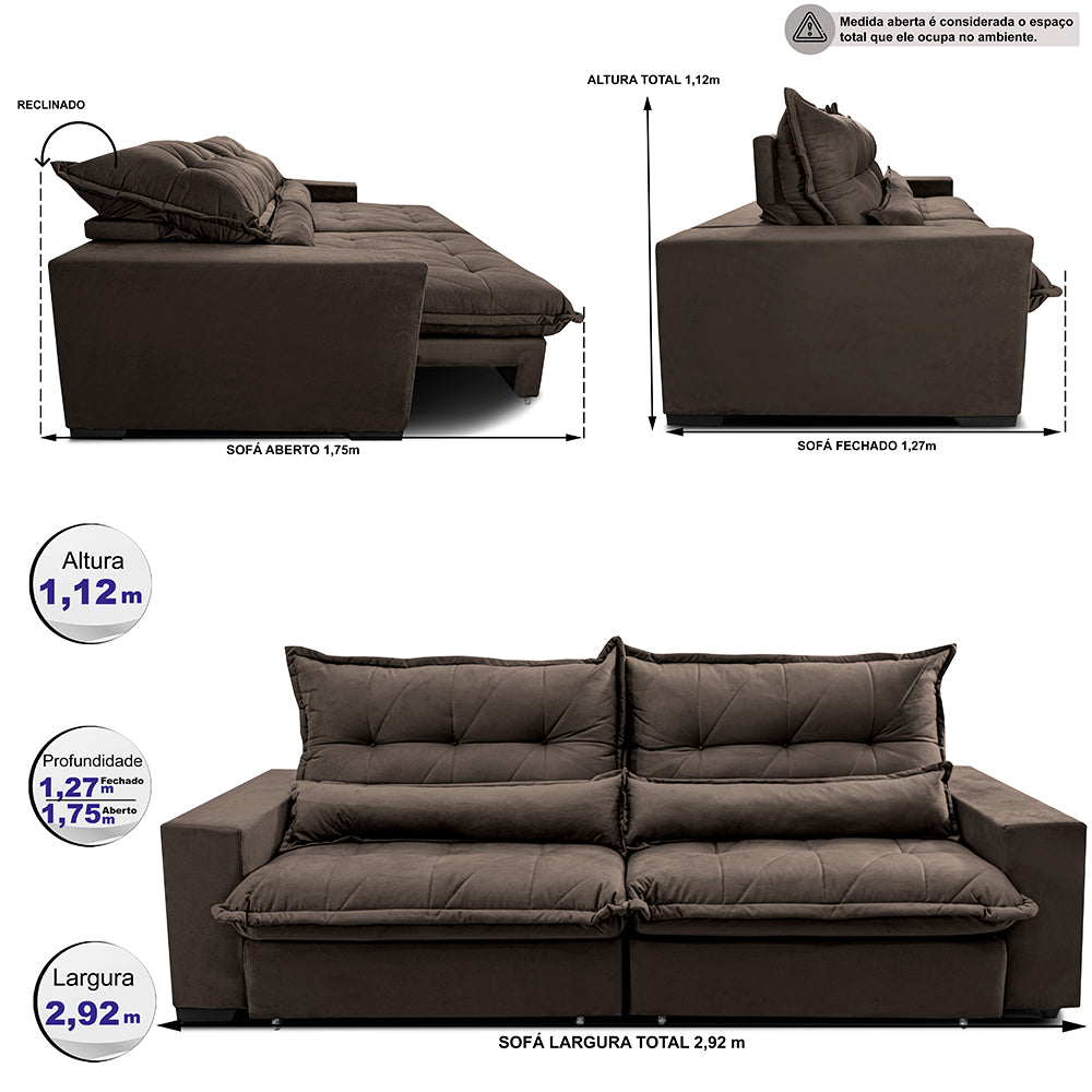 0 - Sofa Retrátil e Reclinável 2,92m com Molas Ensacadas Cama inB