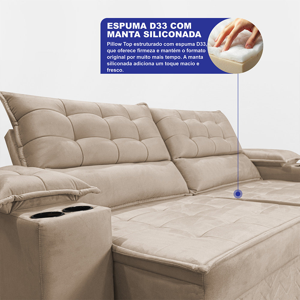 Sofá Retrátil e Reclinável 2,10m Verona com Porta Copos Velupluma Cama inBox