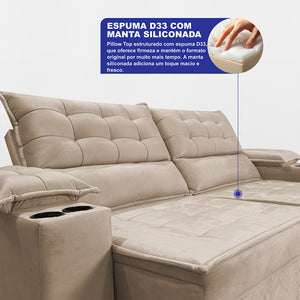 Sofá Retrátil e Reclinável 2,10m Verona com Porta Copos Velupluma Cama inBox