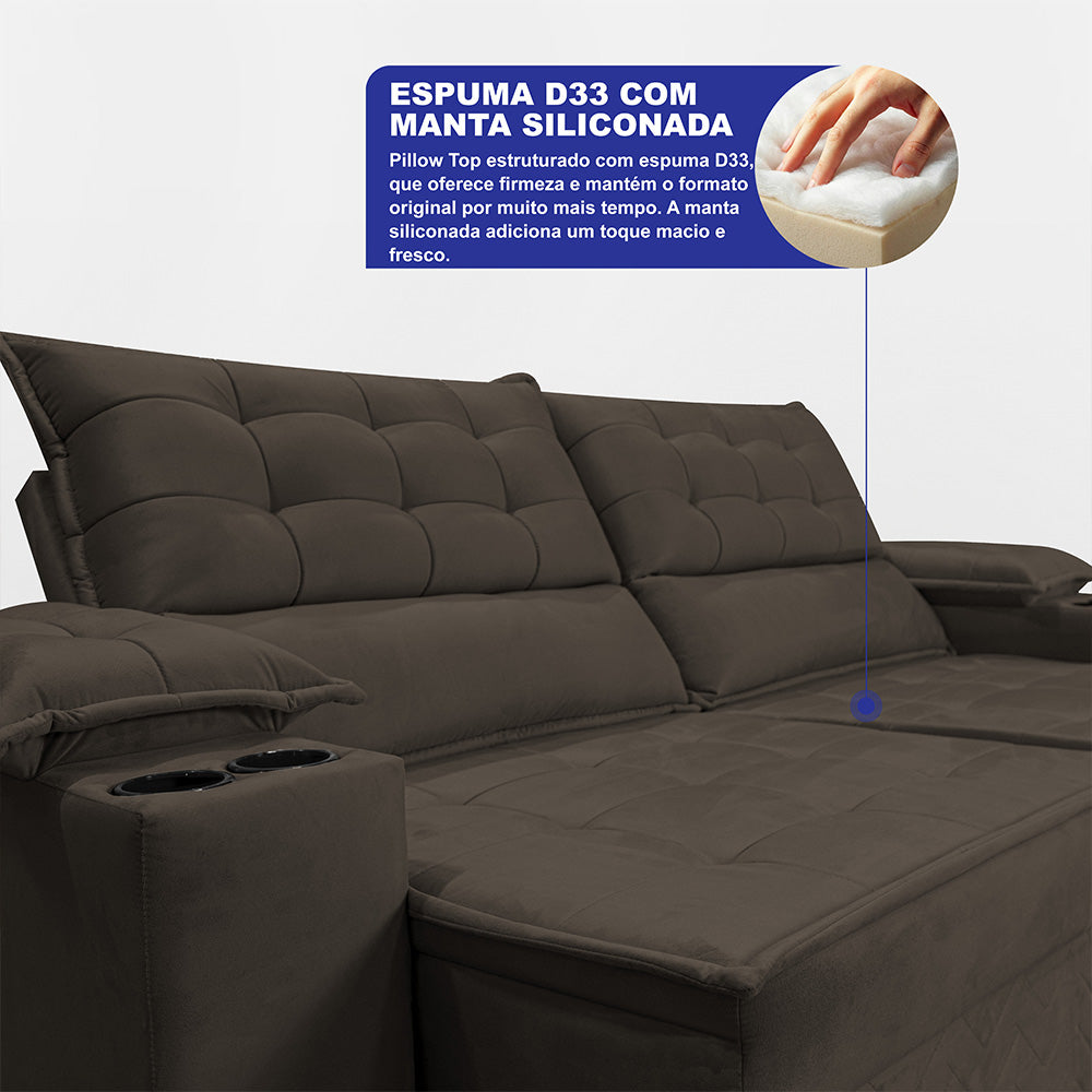 Sofá Retrátil e Reclinável 2,10m Verona com Porta Copos Velupluma Cama inBox