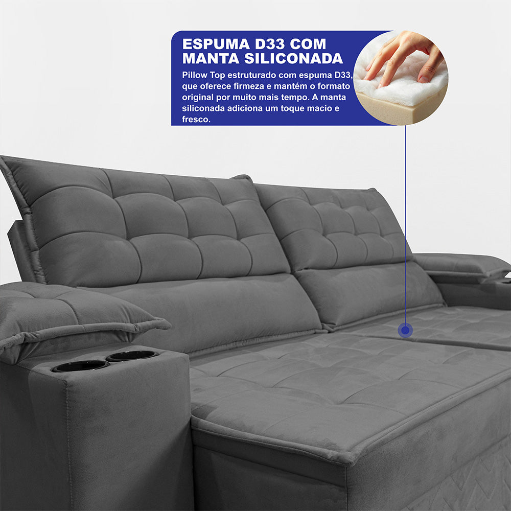 Sofá Retrátil e Reclinável 2,10m Verona com Porta Copos Velupluma Cama inBox