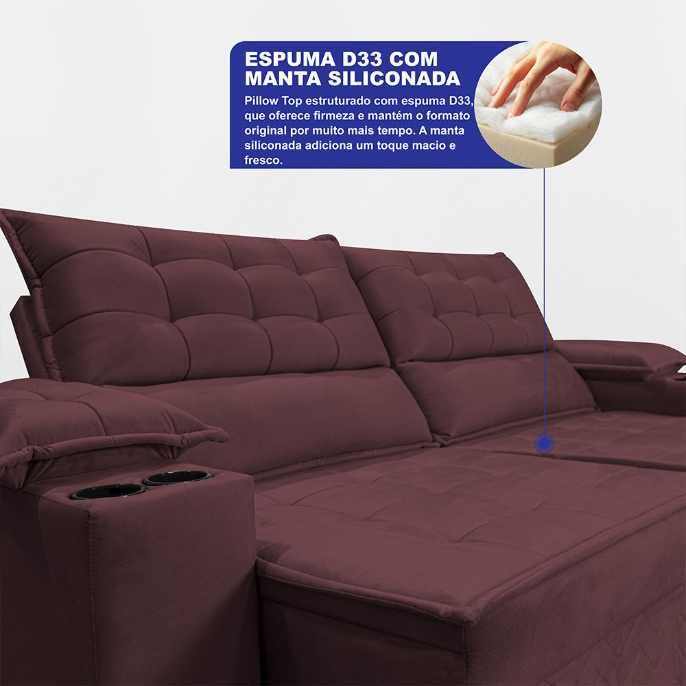 Sofá Retrátil e Reclinável 2,10m Verona com Porta Copos Velupluma Cama inBox