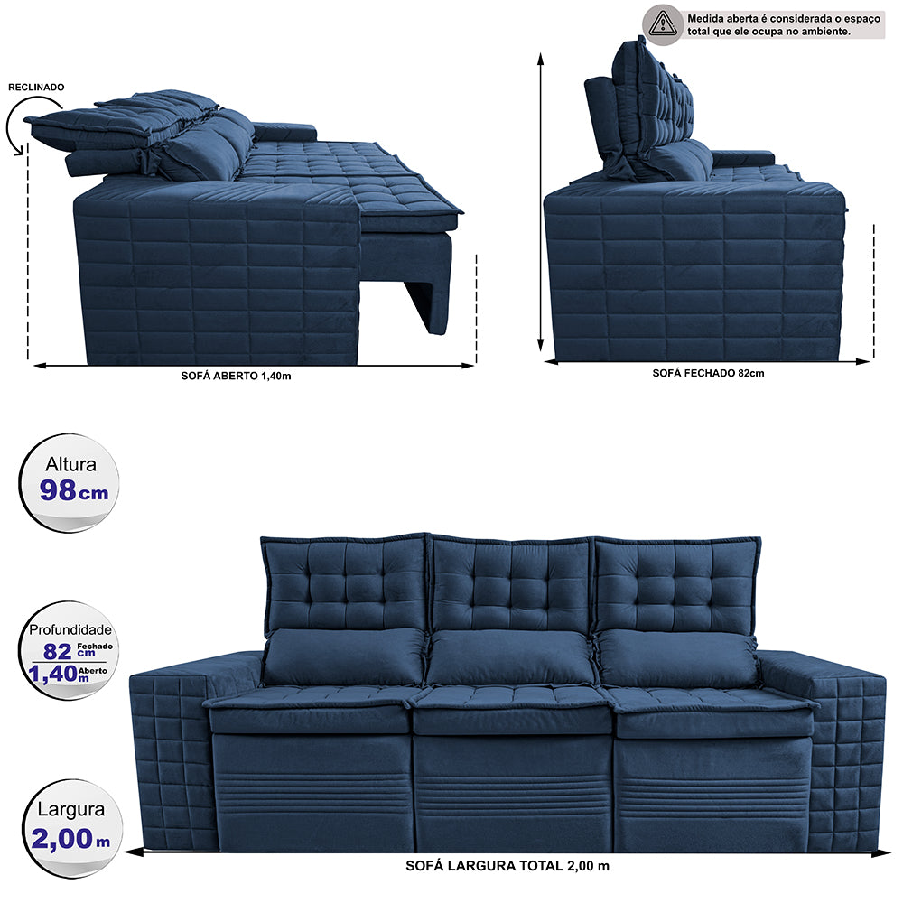 Sofá 3 Lugares Retrátil e Reclinável Cama inBox Senses 2,00m Velusoft