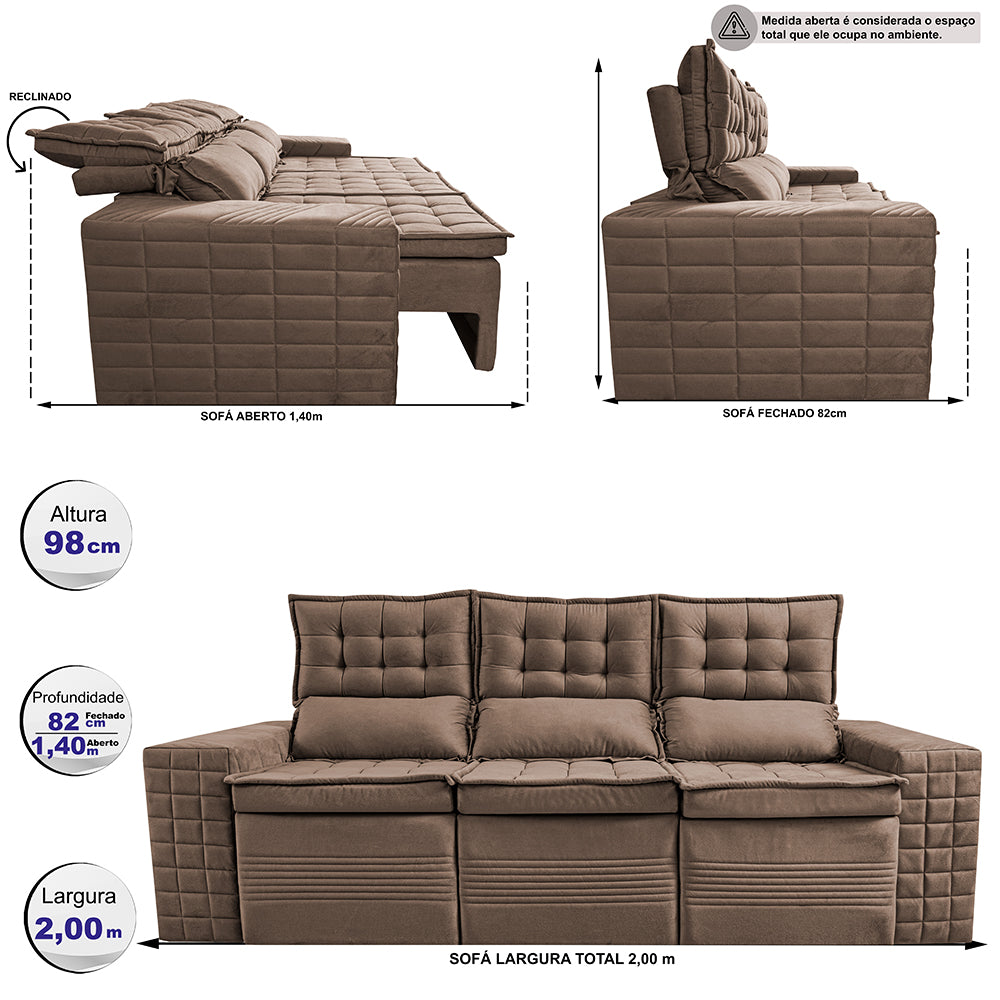 Sofá 3 Lugares Retrátil e Reclinável Cama inBox Senses 2,00m Velusoft