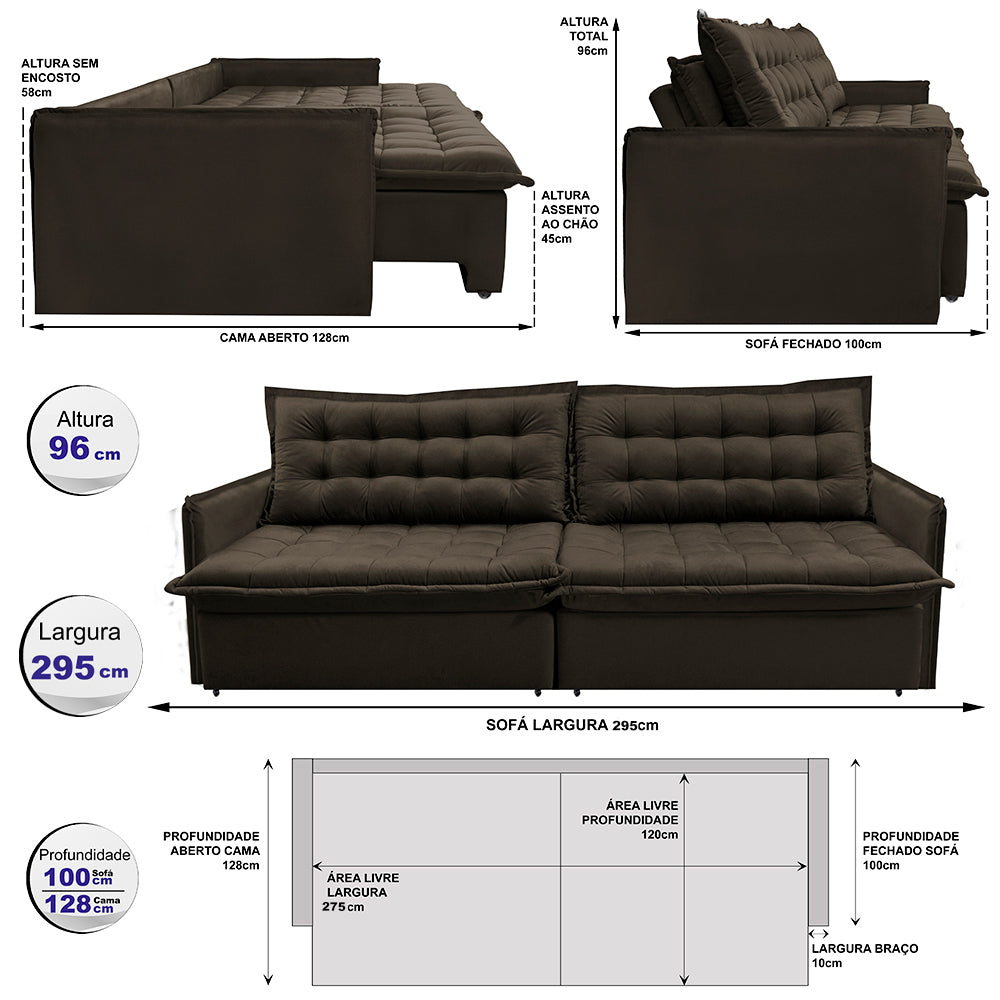 Sofá Sem Caixa Retrátil Reclinável Cama inBox Versátil com Pillow Top e Molas Velusoft