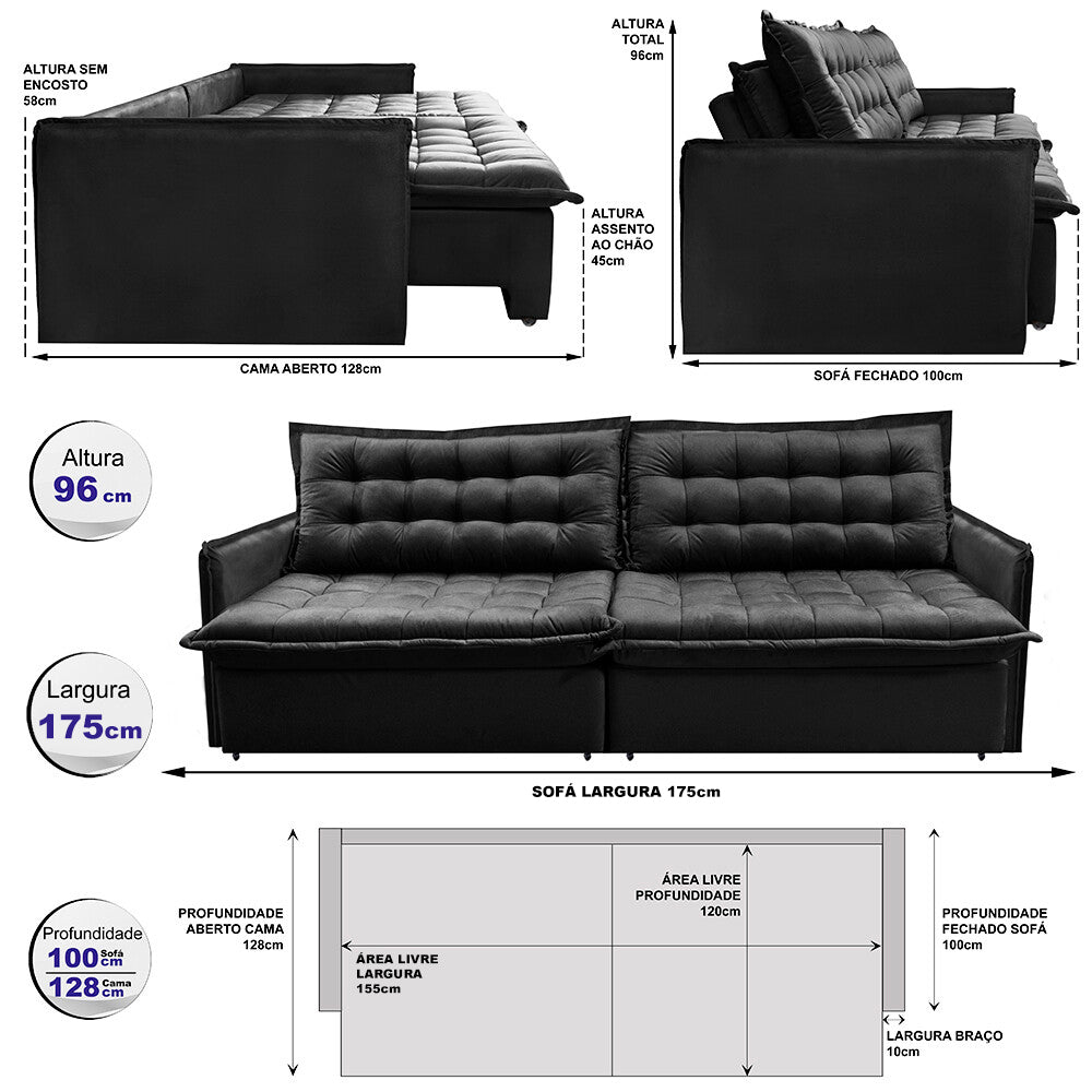 Sofá Sem Caixa Retrátil Reclinável Cama inBox Versátil com Pillow Top e Molas Velusoft