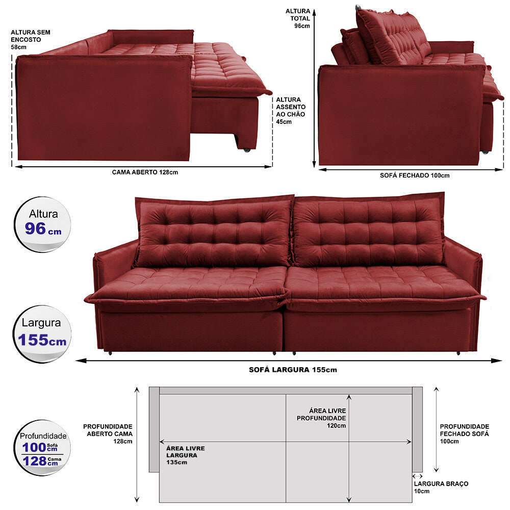 Sofá Sem Caixa Retrátil Reclinável Cama inBox Versátil com Pillow Top e Molas Velusoft