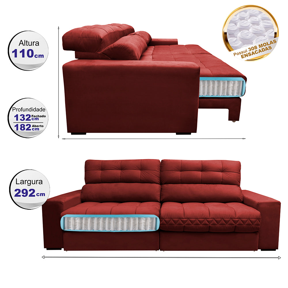 Sofá Retrátil e Reclinável com Molas Ensacadas Cama inBox Master 2,92m Tecido Suede