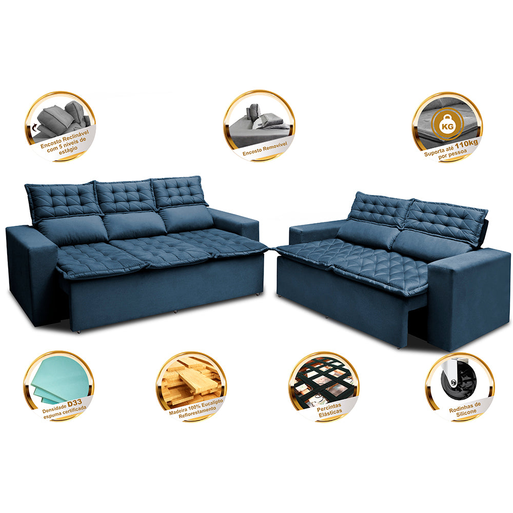 0 - Conjunto de Sofá 3 e 2 Lugares Retrátil e Reclinável Cama inB