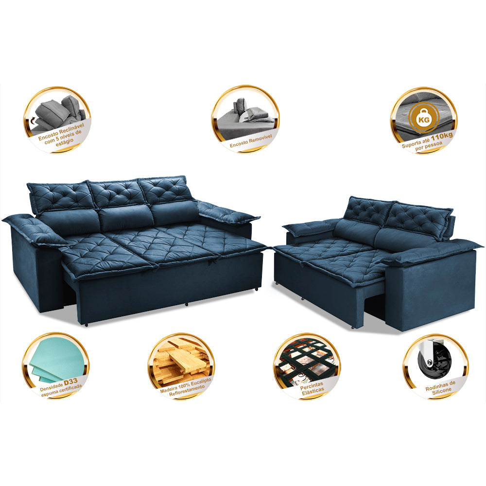 Conjunto de Sofá 3 e 2 Lugares Retrátil e Reclinável Cama inBox Compact