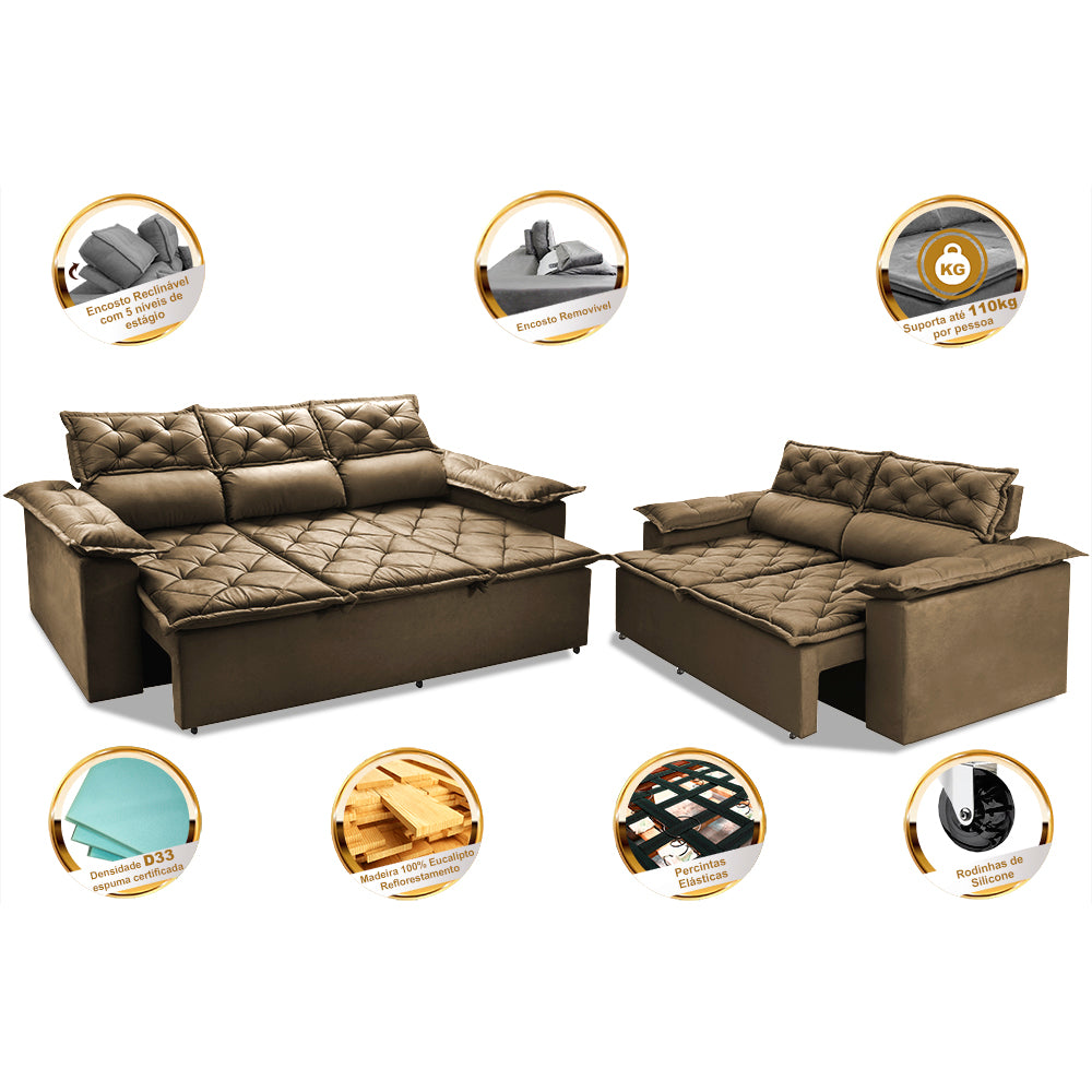 Conjunto de Sofá 3 e 2 Lugares Retrátil e Reclinável Cama inBox Compact
