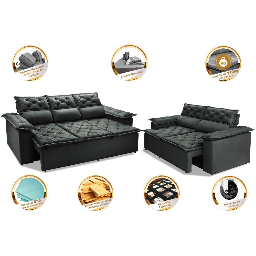 Conjunto de Sofá 3 e 2 Lugares Retrátil e Reclinável Cama inBox Compact