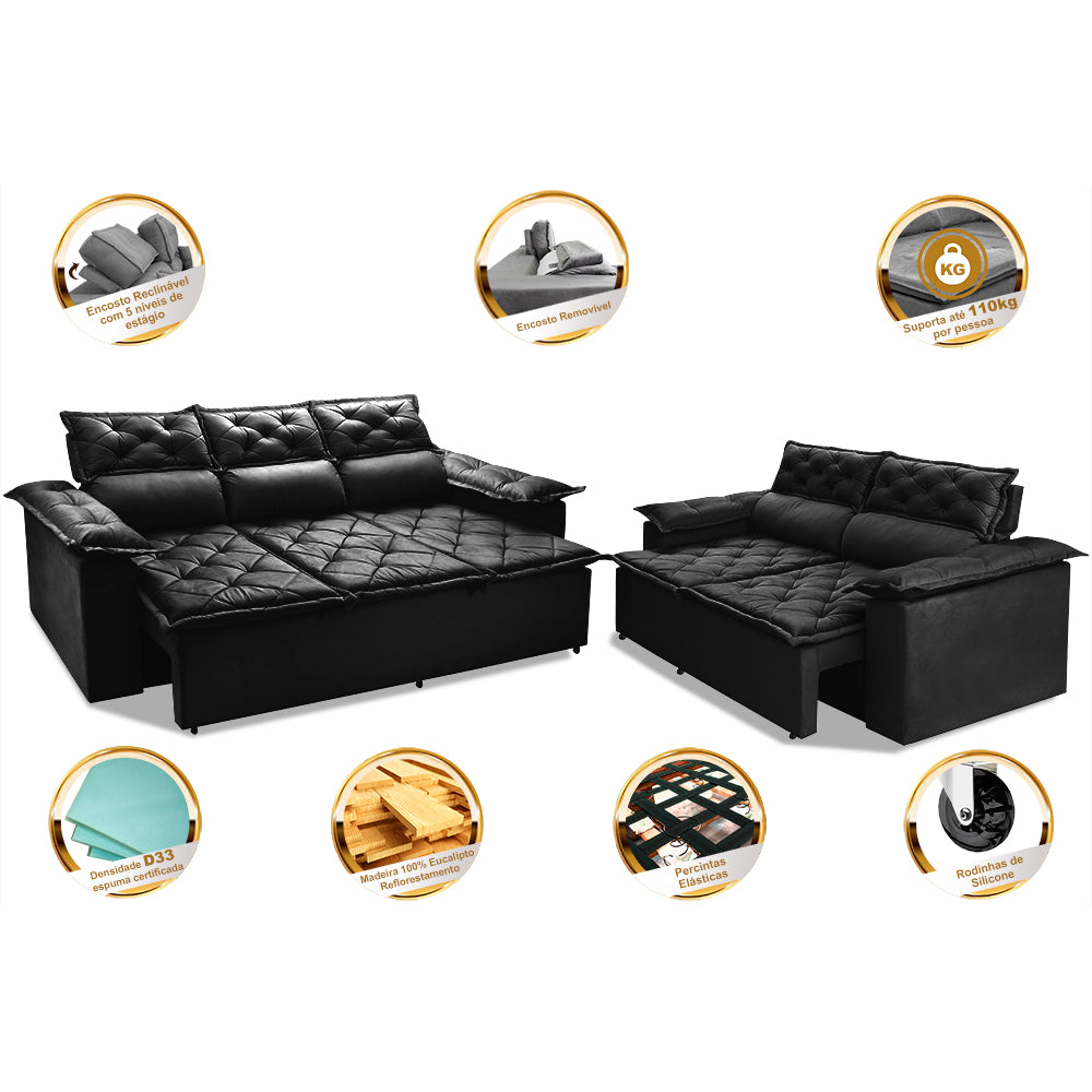 Conjunto de Sofá 3 e 2 Lugares Retrátil e Reclinável Cama inBox Compact