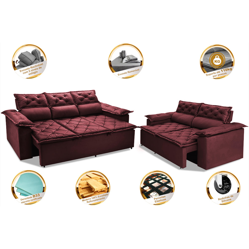 Conjunto de Sofá 3 e 2 Lugares Retrátil e Reclinável Cama inBox Compact