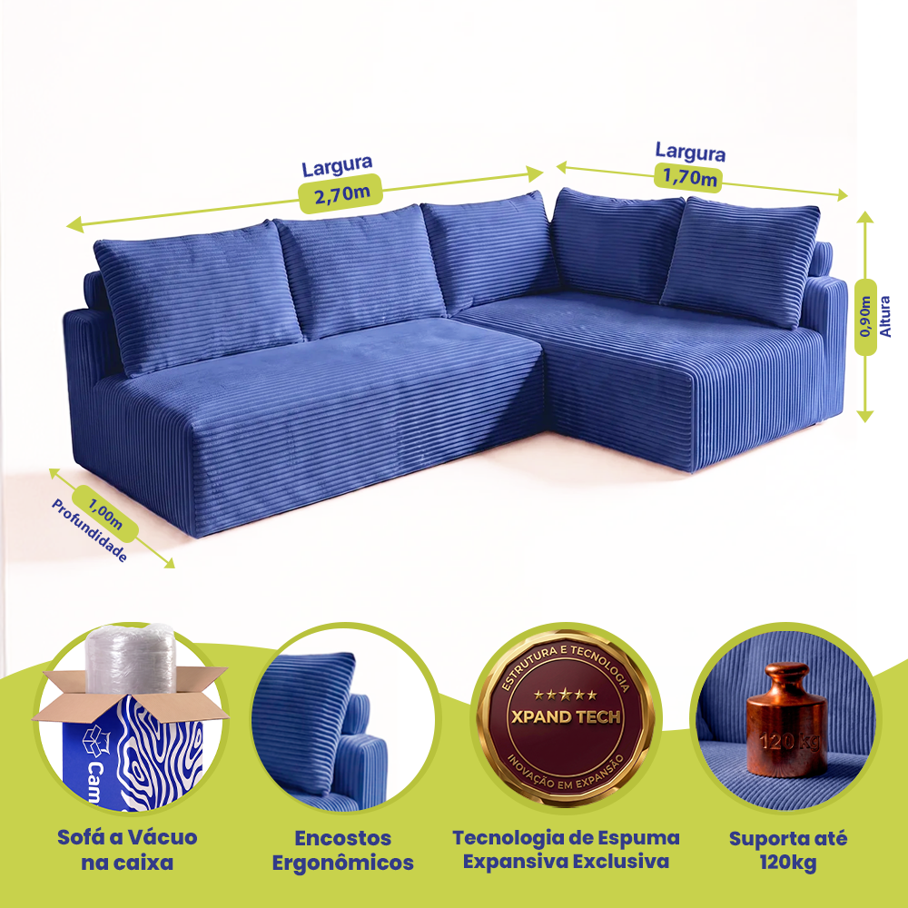 Sofá de Canto Modular Vibe Direito 2,70m x 1,70m Xpand Tech Tecido Velourê Cama inBox