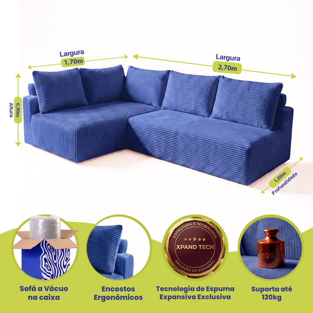 Sofá de Canto Modular Vibe Esquerdo 2,70m x 1,70m Xpand Tech Tecido Velourê Cama inBox