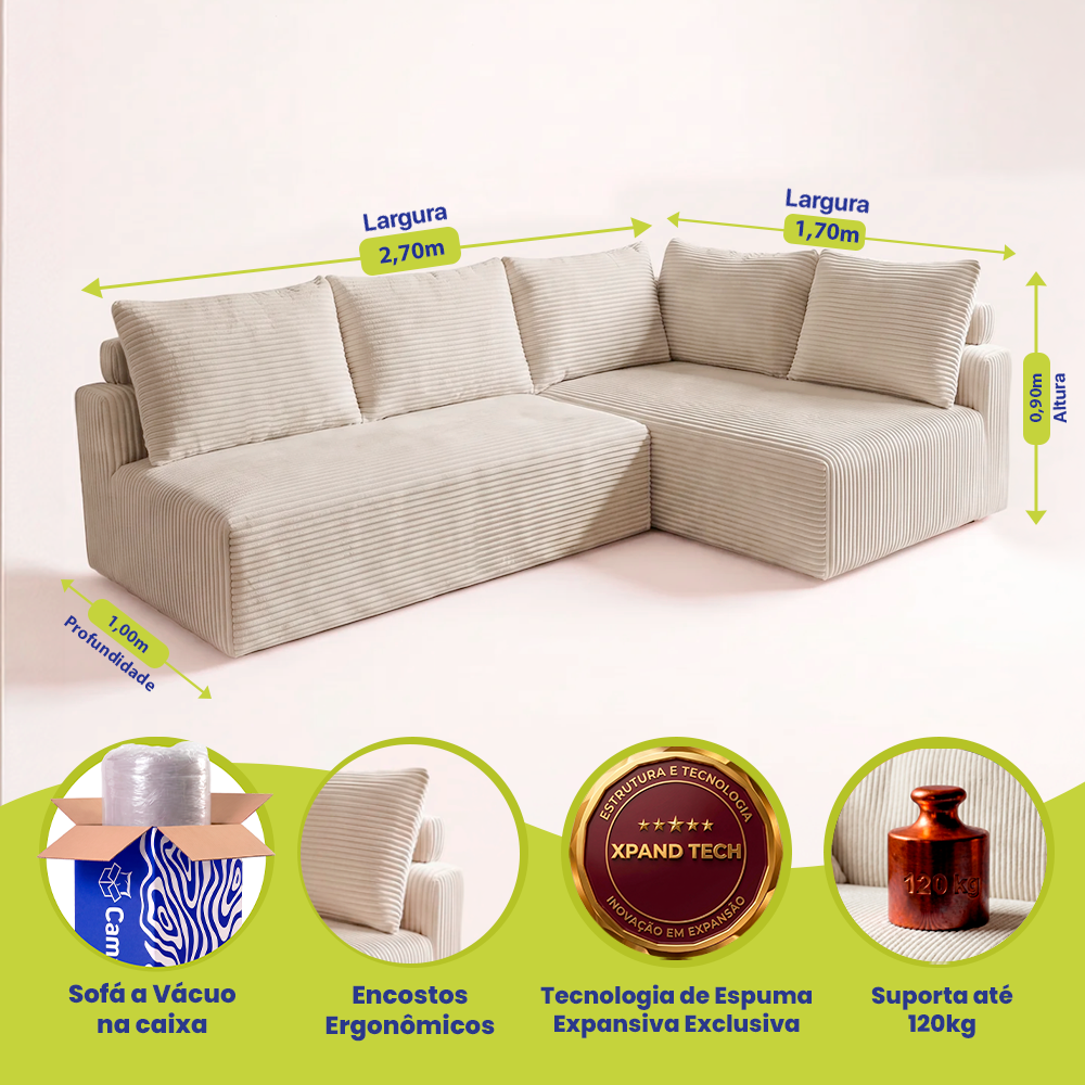 Sofá de Canto Modular Vibe Direito 2,70m x 1,70m Xpand Tech Tecido Velourê Cama inBox