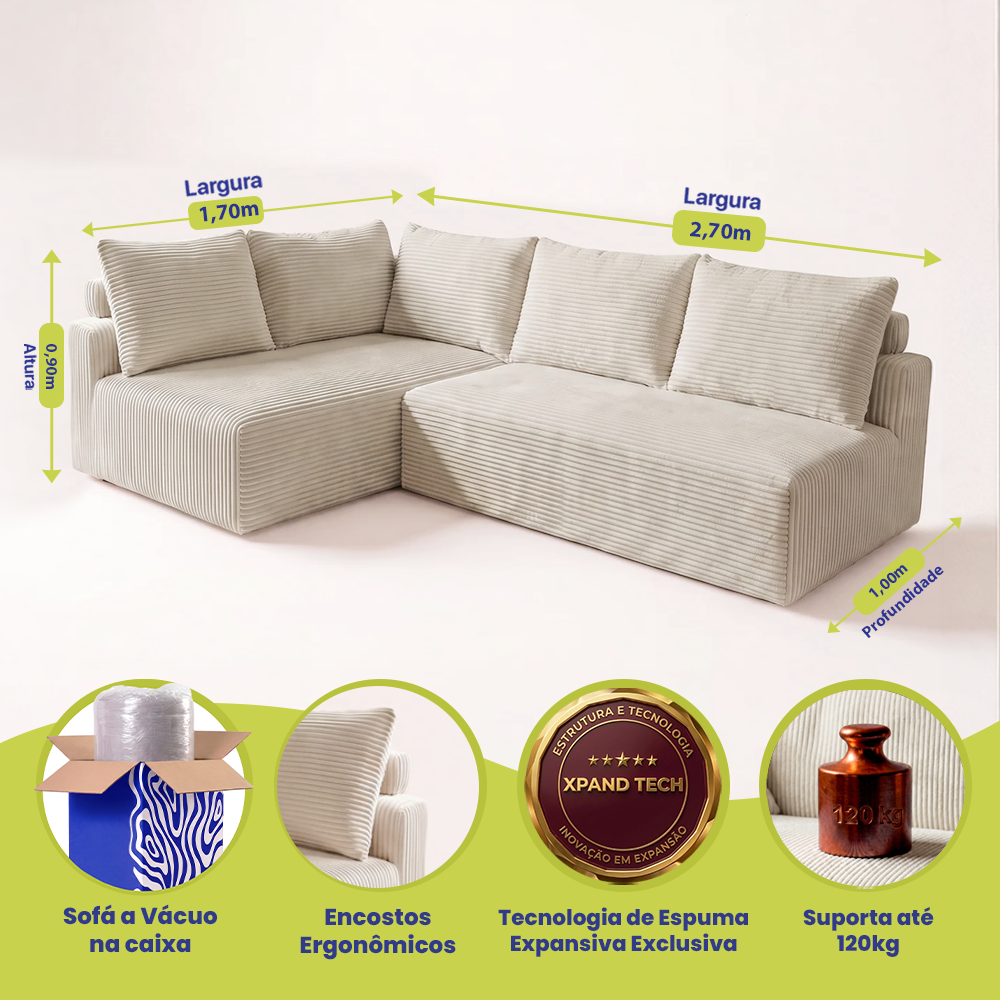 Sofá de Canto Modular Vibe Esquerdo 2,70m x 1,70m Xpand Tech Tecido Velourê Cama inBox