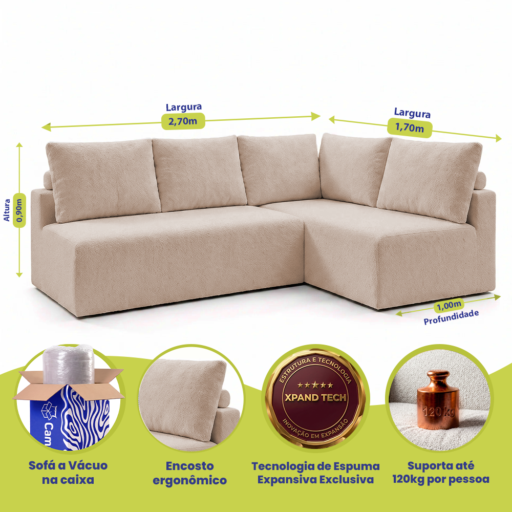 Sofá de Canto Vibe Direito 2,70 x 1,70 BoostTech Bouclê Cama inBox
