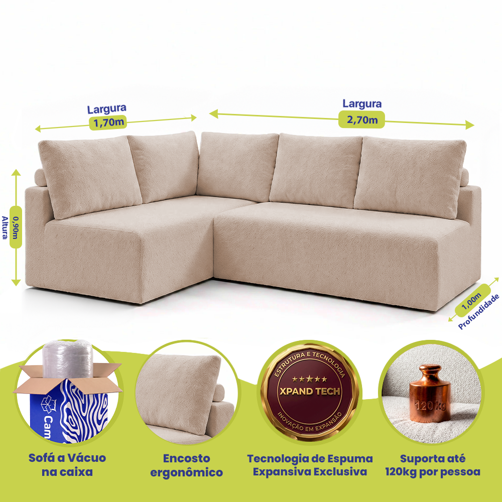 Sofá de Canto Vibe Esquerdo 2,70 x 1,70 BoostTech Bouclê Cama inBox