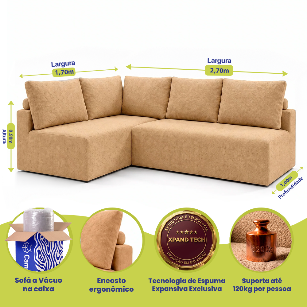 Sofá de Canto Vibe Esquerdo 2,70 x 1,70 BoostTech Bouclê Cama inBox