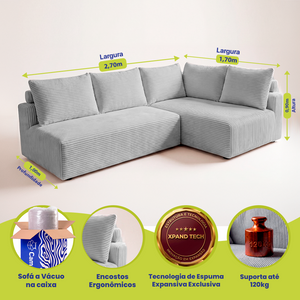 Sofá de Canto Modular Vibe Direito 2,70m x 1,70m Xpand Tech Tecido Velourê Cama inBox