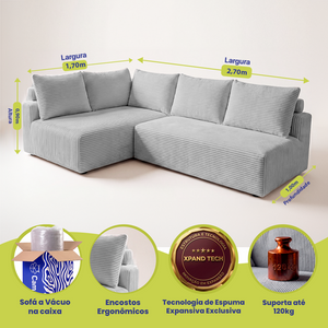 Sofá de Canto Modular Vibe Esquerdo 2,70m x 1,70m Xpand Tech Tecido Velourê Cama inBox