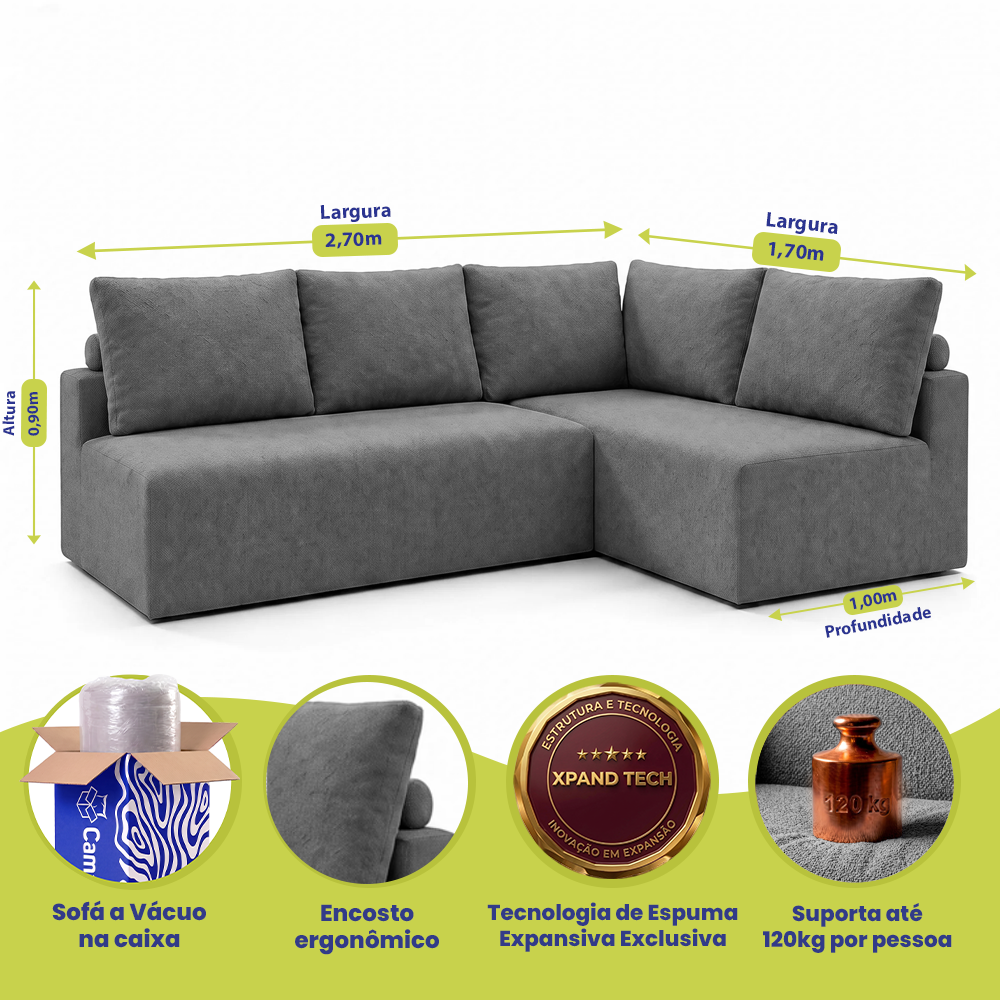 Sofá de Canto Vibe Direito 2,70 x 1,70 BoostTech Bouclê Cama inBox