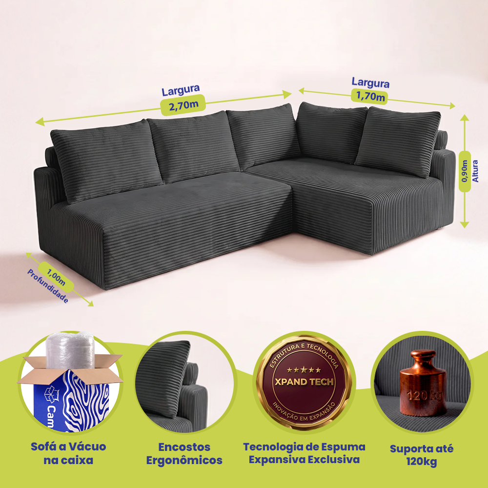 Sofá de Canto Modular Vibe Direito 2,70m x 1,70m Xpand Tech Tecido Velourê Cama inBox