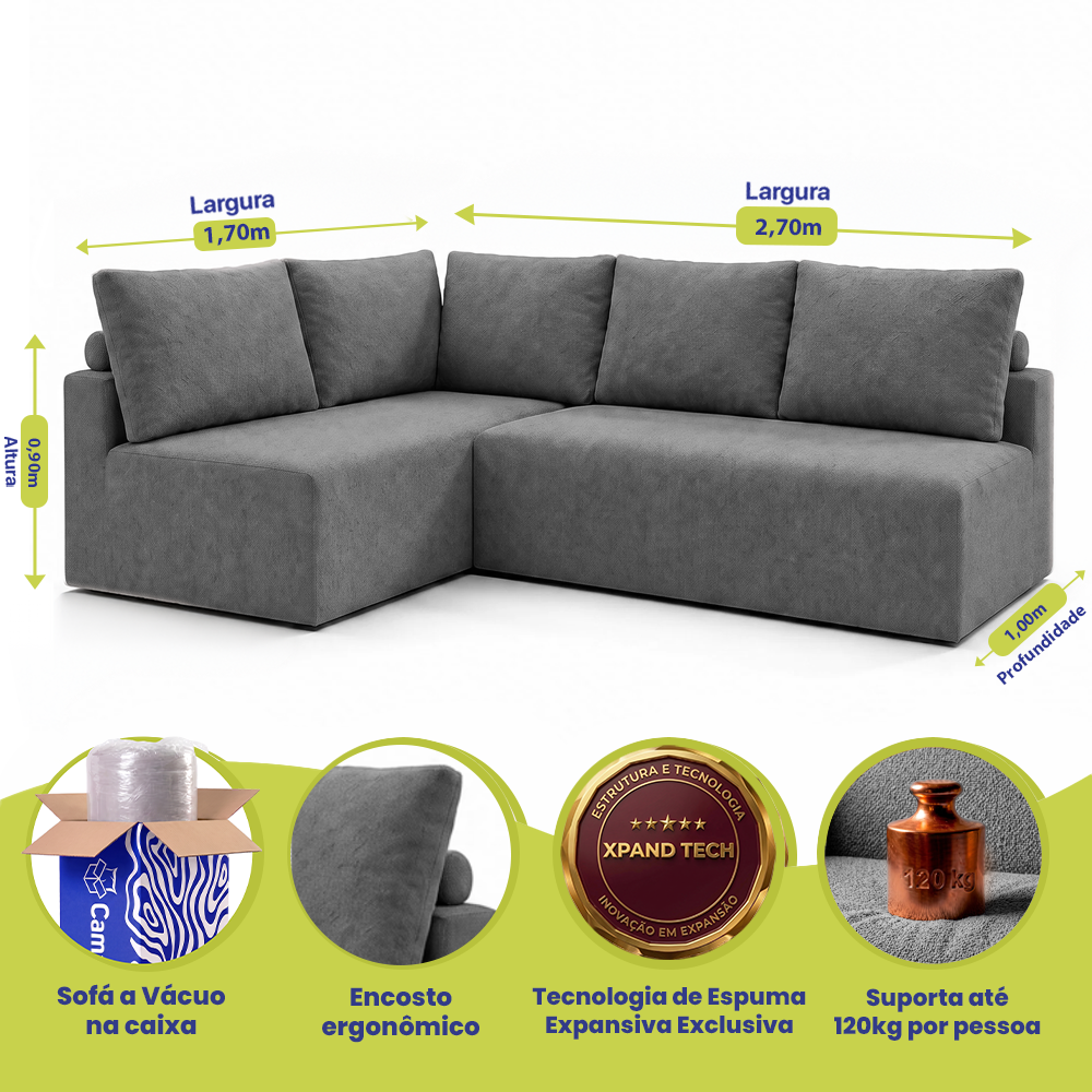 Sofá de Canto Vibe Esquerdo 2,70 x 1,70 BoostTech Bouclê Cama inBox