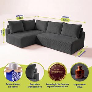 Sofá de Canto Modular Vibe Esquerdo 2,70m x 1,70m Xpand Tech Tecido Velourê Cama inBox