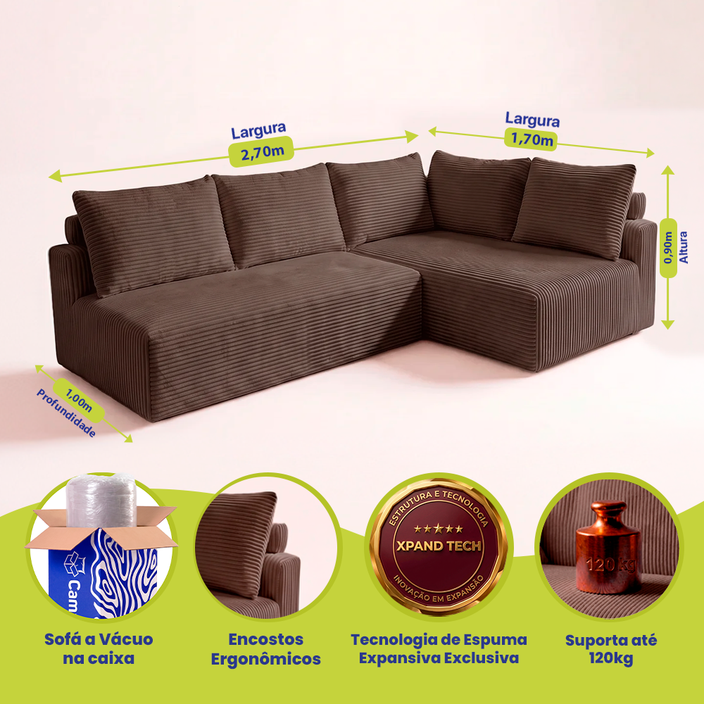 Sofá de Canto Modular Vibe Direito 2,70m x 1,70m Xpand Tech Tecido Velourê Cama inBox