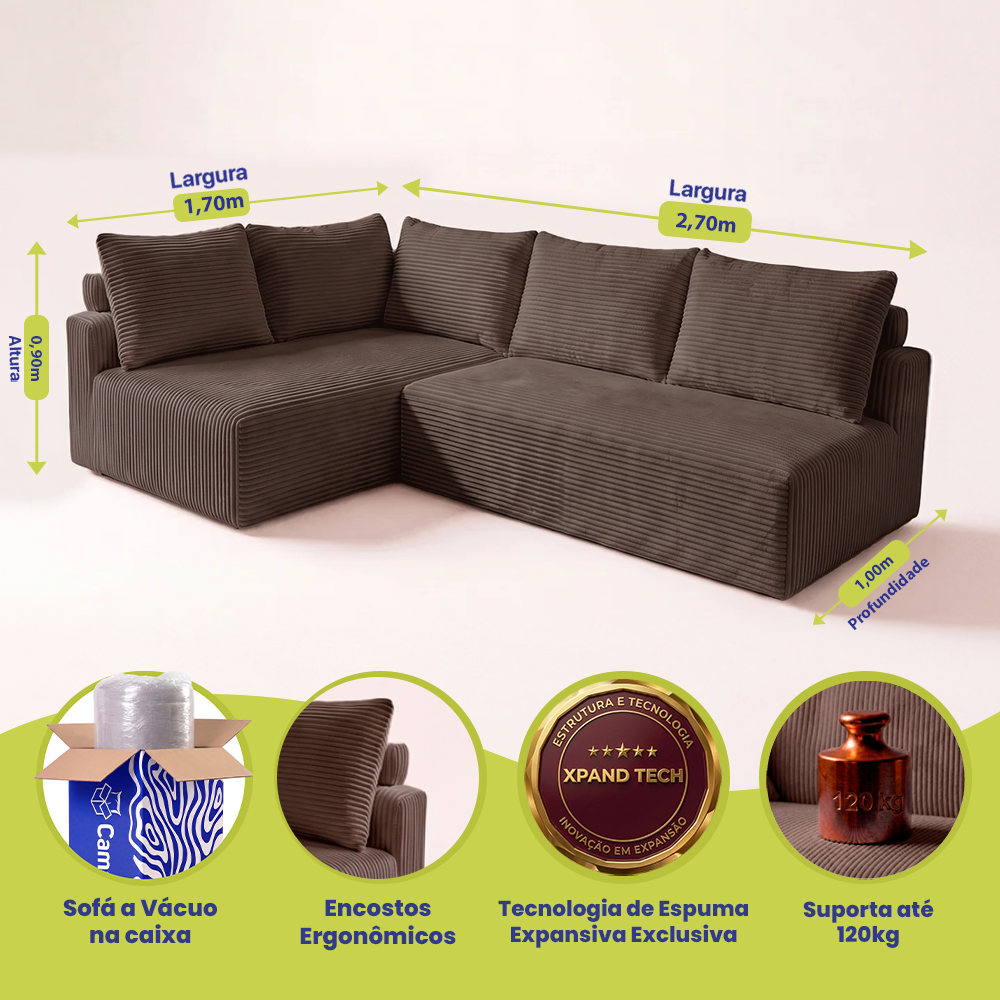 Sofá de Canto Modular Vibe Esquerdo 2,70m x 1,70m Xpand Tech Tecido Velourê Cama inBox