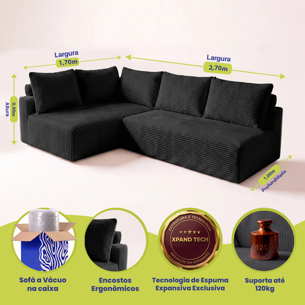 Sofá de Canto Modular Vibe Esquerdo 2,70m x 1,70m Xpand Tech Tecido Velourê Cama inBox
