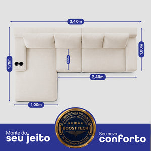 Sofá Evo com Chaise Lounge Velourê 4 módulos