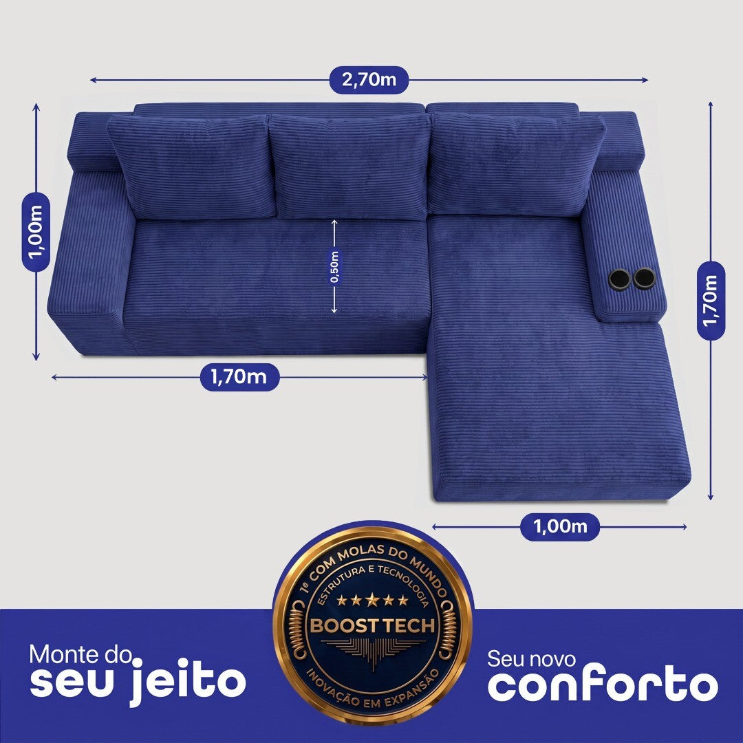 Sofá Evo com Chaise Lounge a Vácuo Velourê 3 módulos
