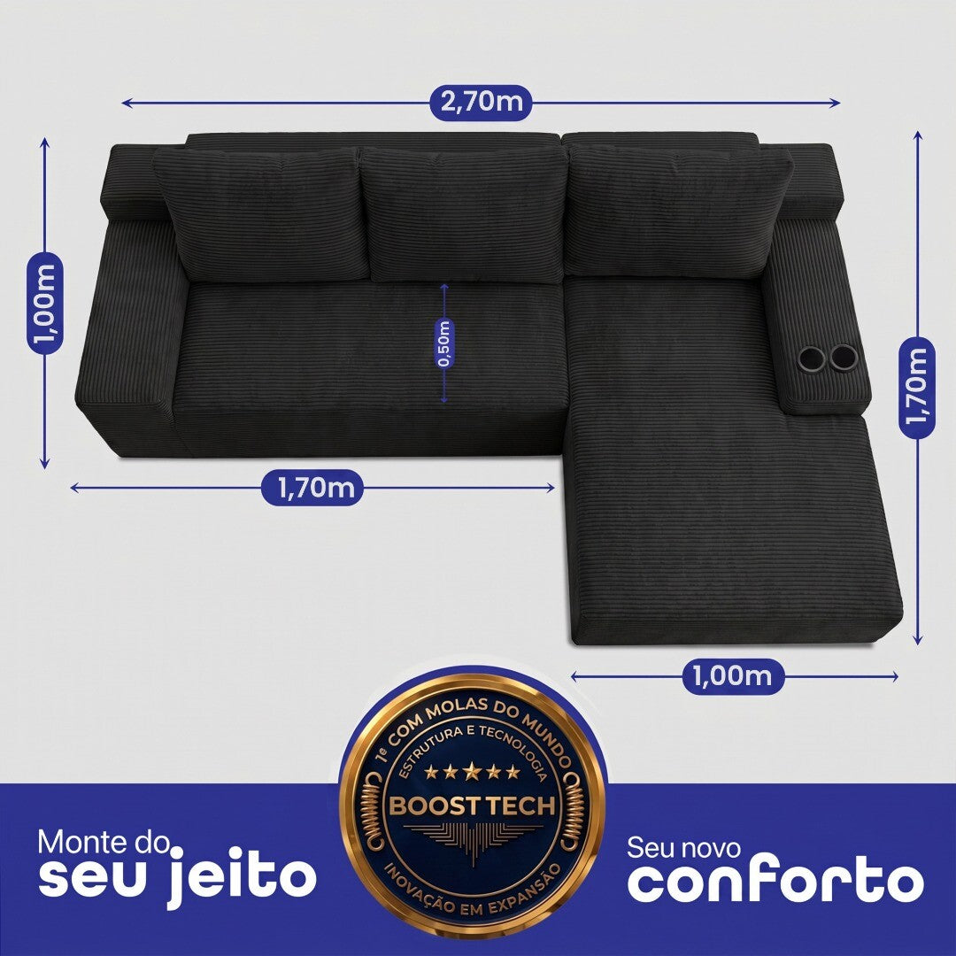 Sofá Evo com Chaise Lounge a Vácuo Velourê 3 módulos