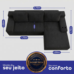 Sofá Evo com Chaise Lounge a Vácuo Velourê 3 módulos