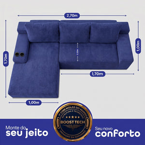 Sofá Evo com Chaise Lounge a Vácuo Velourê 3 módulos