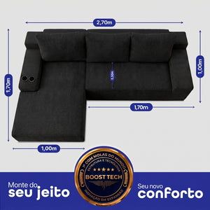 Sofá Evo com Chaise Lounge a Vácuo Velourê 3 módulos