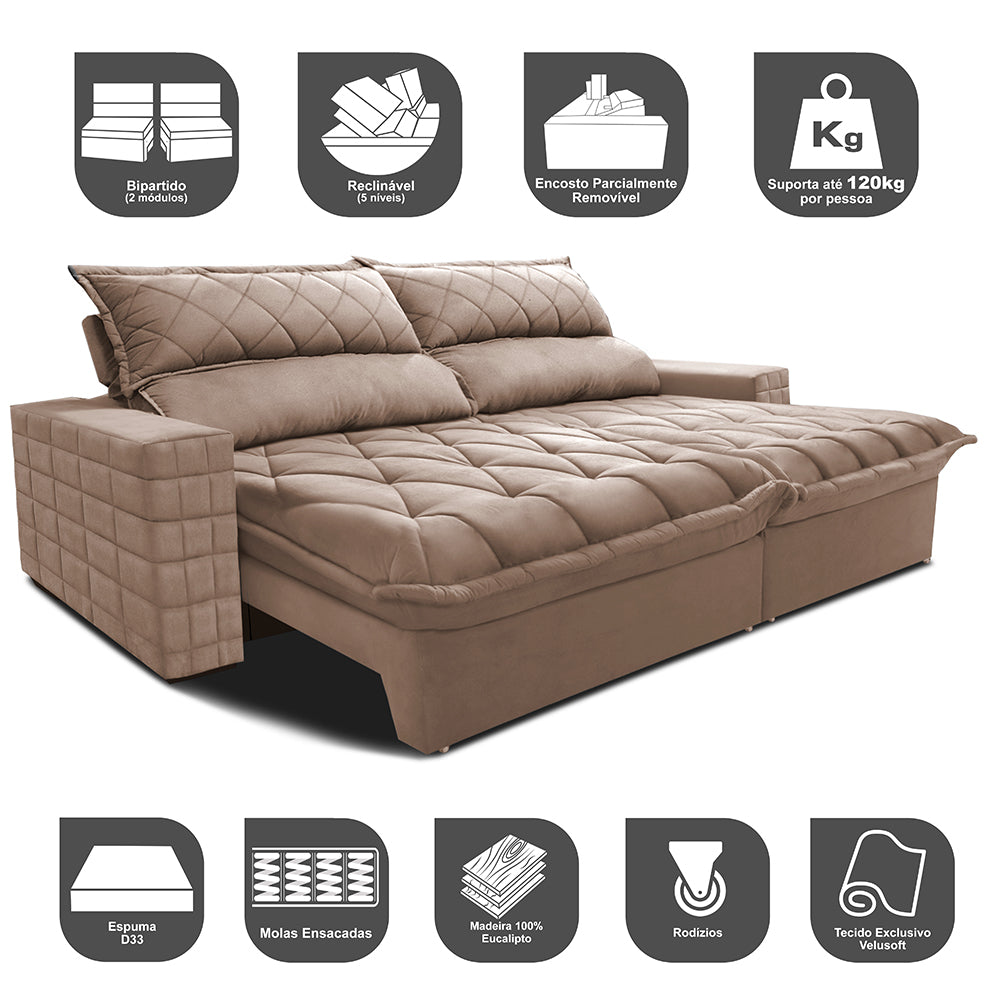 Sofá Retrátil e Reclinável 2,75m Molas Ensacadas Cama inBox Elegance com ThermoGel Velusoft