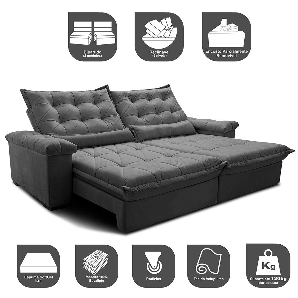 Sofá Retrátil e Reclinável Big Fresh com SoftGel D40 Velupluma Cama inBox