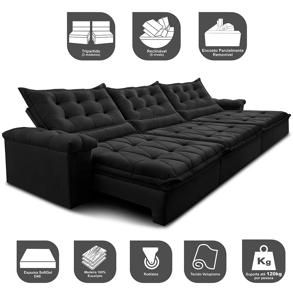 Sofá Retrátil e Reclinável Big Fresh com SoftGel D40 Velupluma Cama inBox